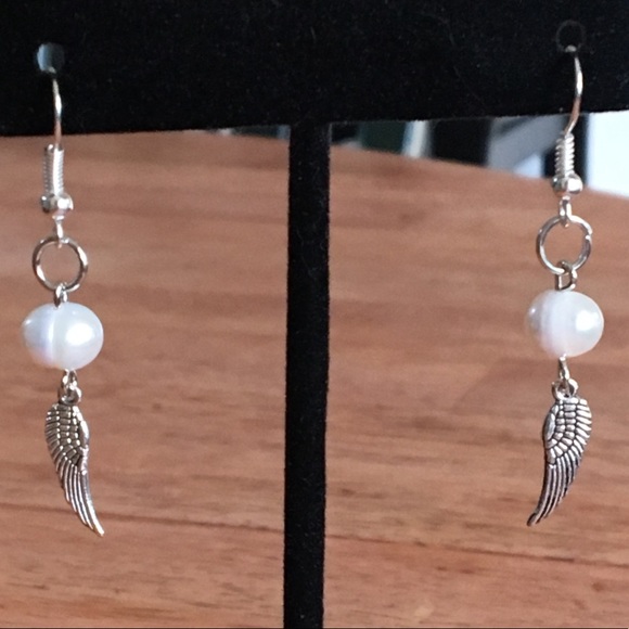 PeaceFrog Jewelry - SOLD White Pearl Silver Angel Wing Earrings